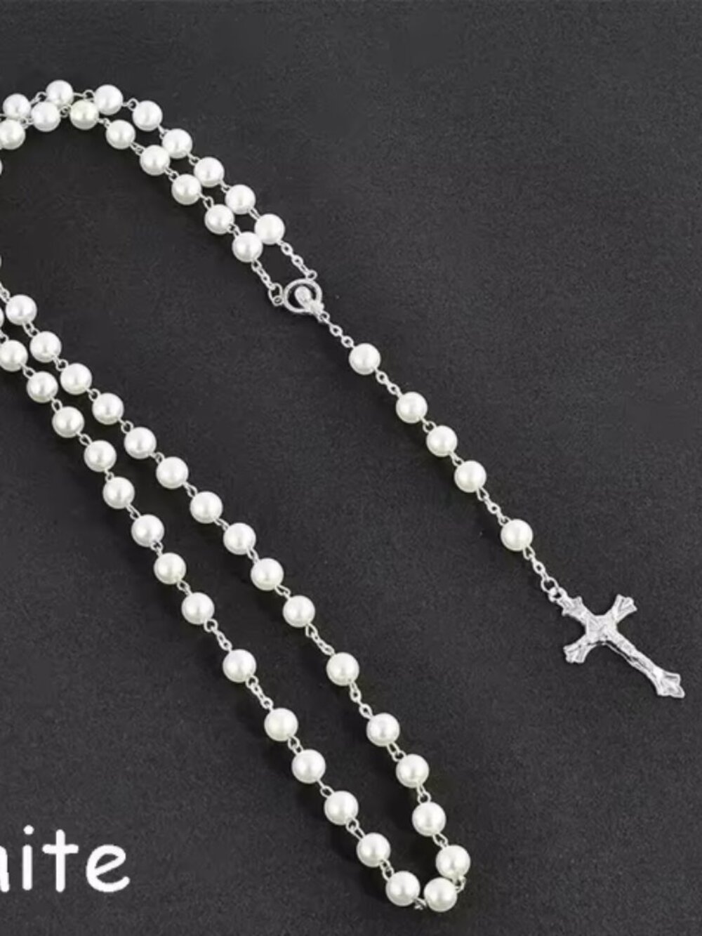 Faux Pearl 24" Bead Rosary with Silver Cross & Accents - NEW